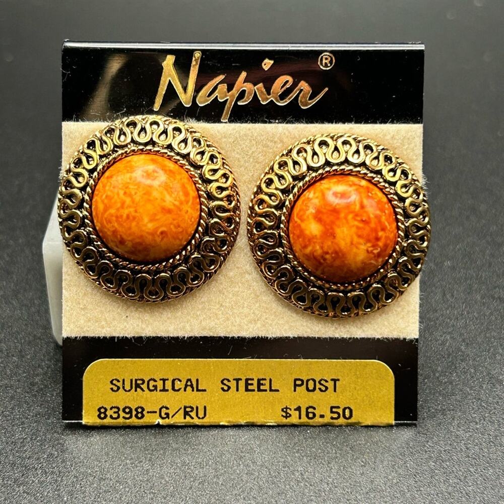 L03 Napier Earrings on Card Orange Gold tone